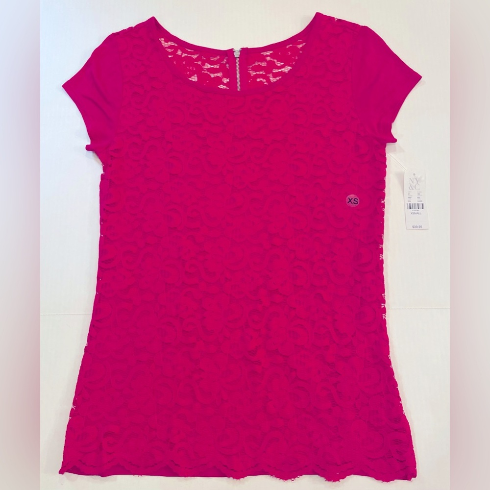 New York and Company Short Sleeve Pink Lace Overlay Top T Shirt Womens XS